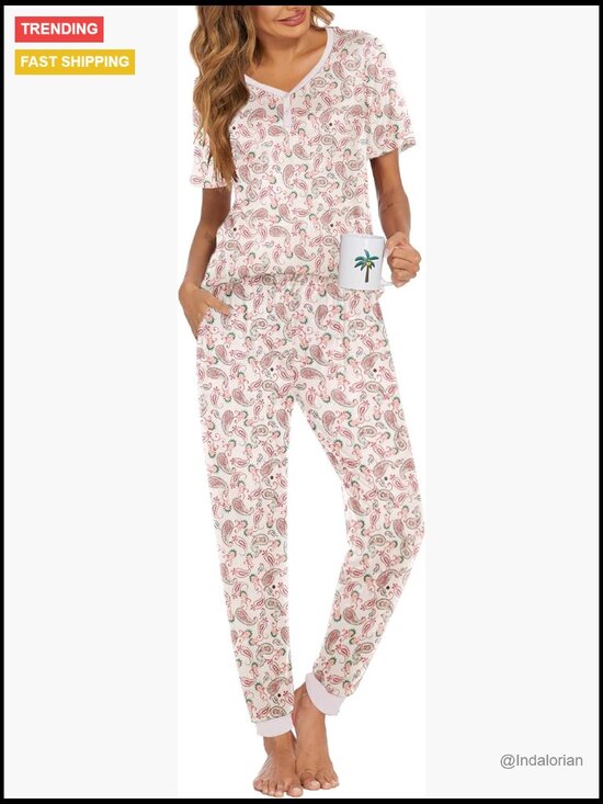 Other - Polyester Spandex Pajama Set with Pockets V-Neck Short Sleeve